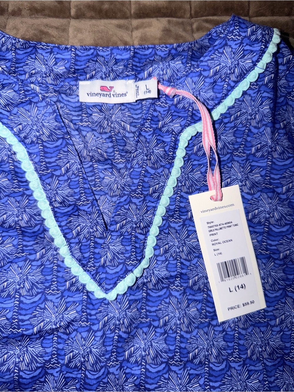 Vineyard Vines Royal Ocean Blue Floral V-Neck Tunic with Aqua Trim